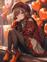 Cute chibi LOFI anime manga girl, valentines day hearts background