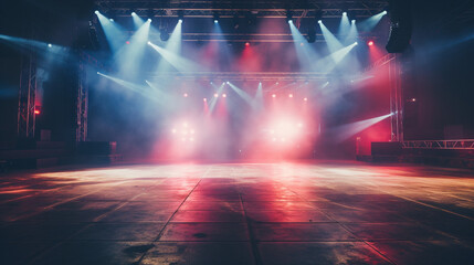 A deserted nightclub stage with dynamic red and blue spotlights, a vintage dance floor below - obrazy, fototapety, plakaty