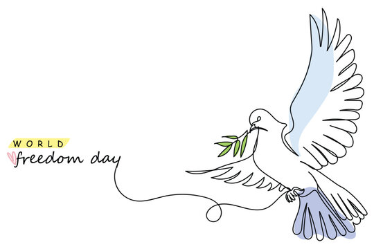dove of peace. World freedom day celebration in november line art poster design. Banner and postcard concept. Continuous line drawing of dove with a twig in beak. Pigeon drawing concept. Flying free b