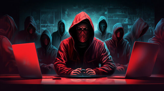 Hacker with a mask and hood, illuminated by the glow of a laptop screen
