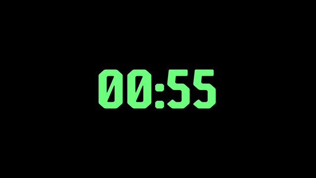 Digital Green Count down Clock Timer in 1 Minute to 0 Second. White text number on isolated black background. Element for overlay concept Countup. 4K footage motion video 60fps