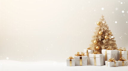 Mikołajki - prezenty pod choinkę na gwiazdkę - jasne złote tło na święta Bożego Narodzenia. Xmas. Wesołych Świąt. 
