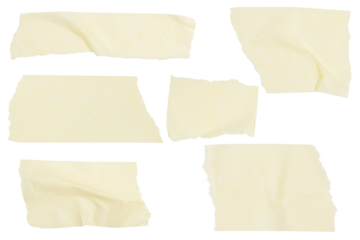 Set of pieces of yellow paper tape on a blank background.