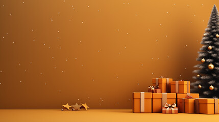 Mikołajki - prezenty pod choinkę na gwiazdkę - pomarańczowe tło na życzenia na święta Bożego Narodzenia. Xmas. Wesołych Świąt.  - obrazy, fototapety, plakaty