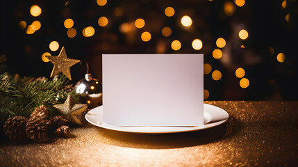 carte d'invitation vierge pour une fête du nouvel an avec décoration blanche et dorée