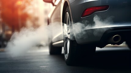 Closeup car exhaust pipe with visible CO2 smoke billowing out. Carbon emissions and global warming. Environmental problem with diesel and fossil fuels burning. Dioxide impact from urban traffic jams. - obrazy, fototapety, plakaty