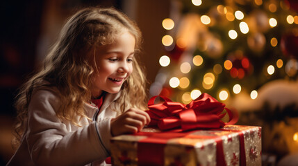 A little girl near the Christmas tree unpacks New Year's gifts. The child expects a miracle. Holiday concept, surprise.