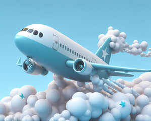 cute airplane,Airlines, flying around the world, boarding, leisure travel vacation summer vacation concept on pastel background. Plane smoke, plane travel plans world tour. 3D illustration