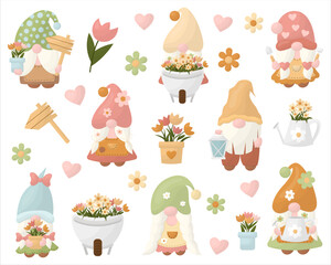 Set of vector illustrations of garden gnomes with flowers