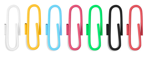 Set of colored paper clips on a blank background.