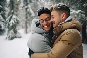 Embracing Love Amidst a Snowy Wonderland: A Touching LGBTQ Moment. Generative AI