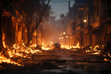 Fototapeta na wymiar Palestinian street, destruction and fires on the streets after rocket attacks