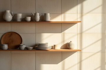 Fototapeta na wymiar The simple clean white kitchen with the wooden counter and shelves filled with white ceramic seasoning jar and plate, daylight and shadow. Generative AI.