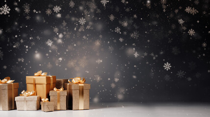 Mikołajki - prezenty pod choinkę na gwiazdkę - ciemne tło na życzenia na święta Bożego Narodzenia. Xmas. Wesołych Świąt.  - obrazy, fototapety, plakaty