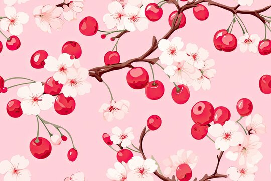 seamless pattern with cute cherry blossom,a simple design for baby room decor and nursery decoration.cherry  illustrations for nursery decor.