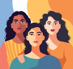 Vector flat banner for Women's Day, women of different cultures and nationalities stand side by side. Vector concept of movement for gender equality and women's empowerment