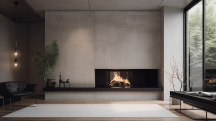 A minimalist concrete fireplace with a black steel. AI generated