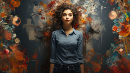 Portrait of a beautiful young woman with curly hair and blue blouse in painted abstract wall...