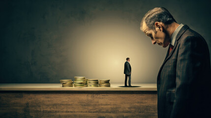Man looking at a miniature businessman standing on a pile of coins.  Boss and subordinate, staff and personnel.