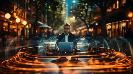 Businessman working on a laptop in evening city. Digital technology concept. Career success or growth and opportunity, startup concept. - obrazy, fototapety, plakaty