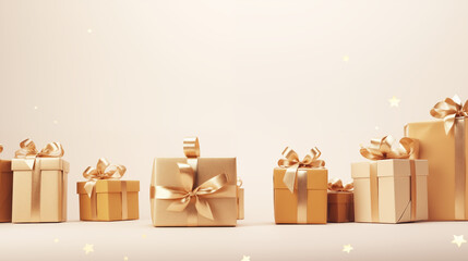 Mikołajki - prezenty pod choinkę na gwiazdkę - jasne złote tło na życzenia na święta Bożego Narodzenia. Xmas. Wesołych Świąt. 