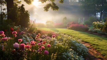 Early morning mist rolling over a flower garden, with a lawn that sparkles with dewdrops.