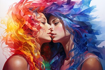 Watercolour females kissing lgbtq rainbow illustration