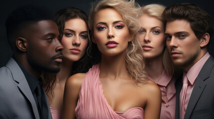 Fototapeta premium Multiethnic group of young people standing in a row on fashion shoot background. Elegant models posing with attitude together.