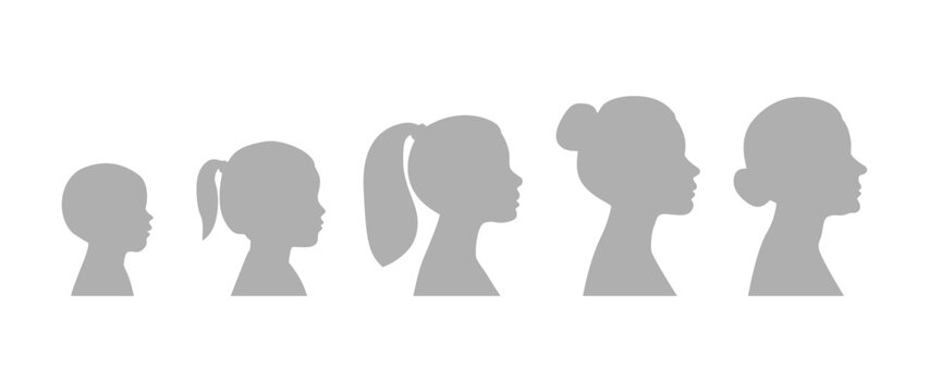 Vector illustration. Stages of growing up of a woman - baby, child, teenager, adult, elderly. Silhouettes of women of different ages.
