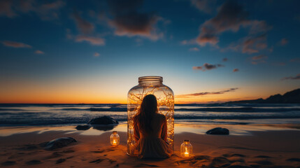 Woman sit inside a glass jar on the beach at sunset.