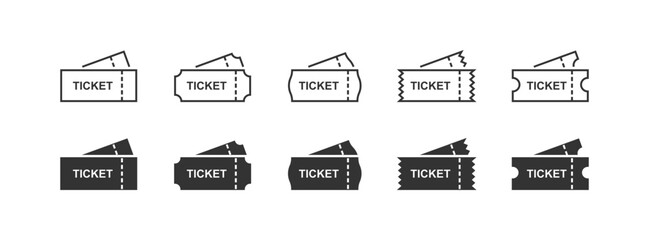 Ticket icon, black and line set sing symbol. Isolated vector