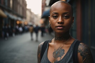Close-up portrait of a beautiful young bald African American woman with a tattoo, shaved head on a New York street