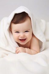 Fototapeta na wymiar baby lies down and plays with a blanket happy smile