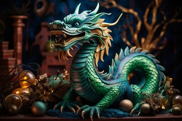 Fototapeta premium Fabulous cartoon green wooden dragon symbol of the 2024 New Year. The symbol of the Chinese Asian New Year.