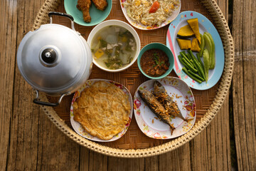 Khantok (food tray) Thai food traditionally dinner for homestay is a pedestal tray used as a small meal table by the Lanna people. A Set of traditional of Thai food in north of Thailand 