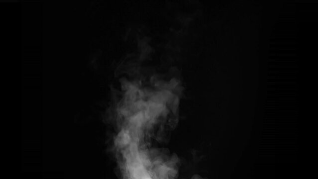 Swirling Steam from Boiling Water. White Steam rises from a pot that is behind the scenes. Black background. Filmed at a speed of 120fps