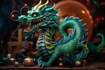 Fototapeta premium The fabulous green wooden dragon is symbol of 2024 New Year. A cute green dragon is sitting next to a Christmas tree with gifts.
