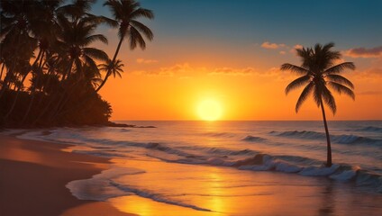Sunset Over the Beach. A Beautiful Landscape of a Calm Sea with Palms Silhouetted Against the Evening Sky During Sunset.