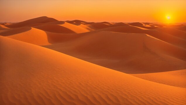 Sunset in the Desert. Enchanting Landscape with Orange Hues Painting the Dunes. © Adam