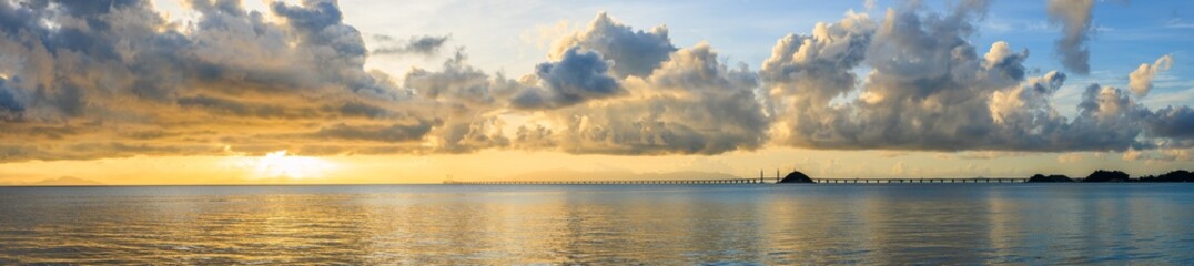 Beautiful sea natural landscape at sunrise in Zhuhai, Guangdong province, China. Panoramic view.