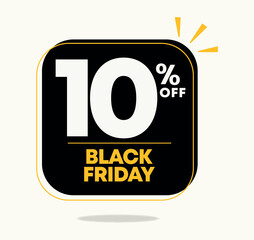 10% off banner. Black friday sale campaign. Sticker, tag, discount price. Social media marketing. Special offer, liquidation, promotion. Vector, design, icon