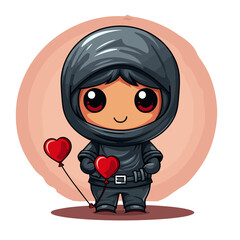 Cute Ninja Holding Love Heart Balloon , Cartoon , Illustration, Cartoon PNG