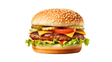 Flying burger isolated on transparent background, Generative ai.