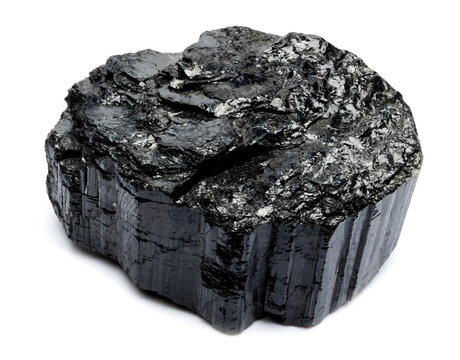 close up of black tourmaline mineral isolated over white background