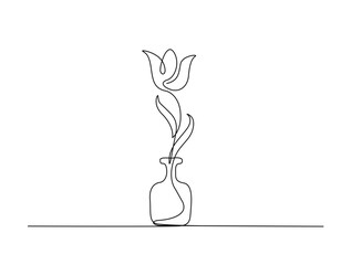 Continuous one line drawing of tulip flower in vase. single line tulip flower vector illustration.
