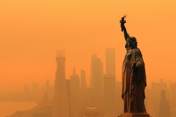 Liberty Amidst the Haze: Statue of Liberty silhouetted against the PM 2.5 fog with New York skyline in the background