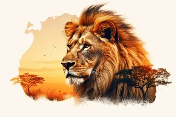 Safari King: Captivating Double Exposure Lion Portrait