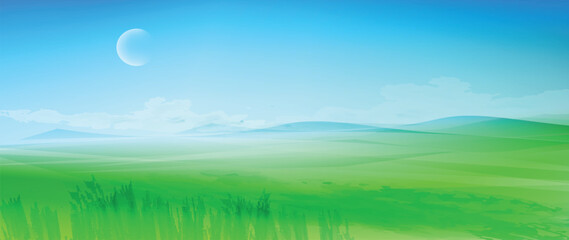 Obraz na płótnie Canvas Green fields banner. Watercolor textured. Minimal design with place for text. Vector art. 