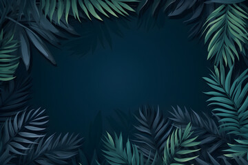 Fototapeta na wymiar Tropical Palm Leaves Frame on Dark Teal Background, Exotic Botanical Design