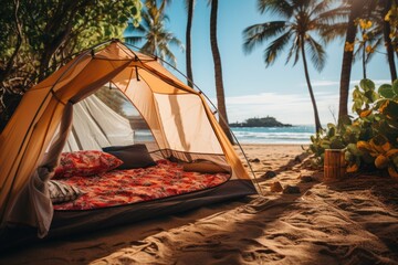 Tropical Retreat: Cozy tent adorned with cushions on a sunlit beach with a scenic sea view